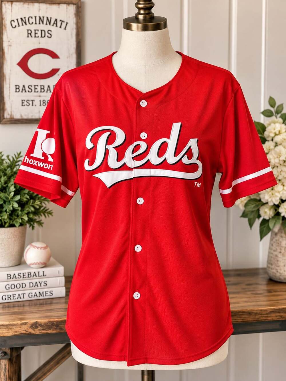 Cincinnati Reds Baseball Jersey Red with Hoxworth Branding and Saving Lives 26